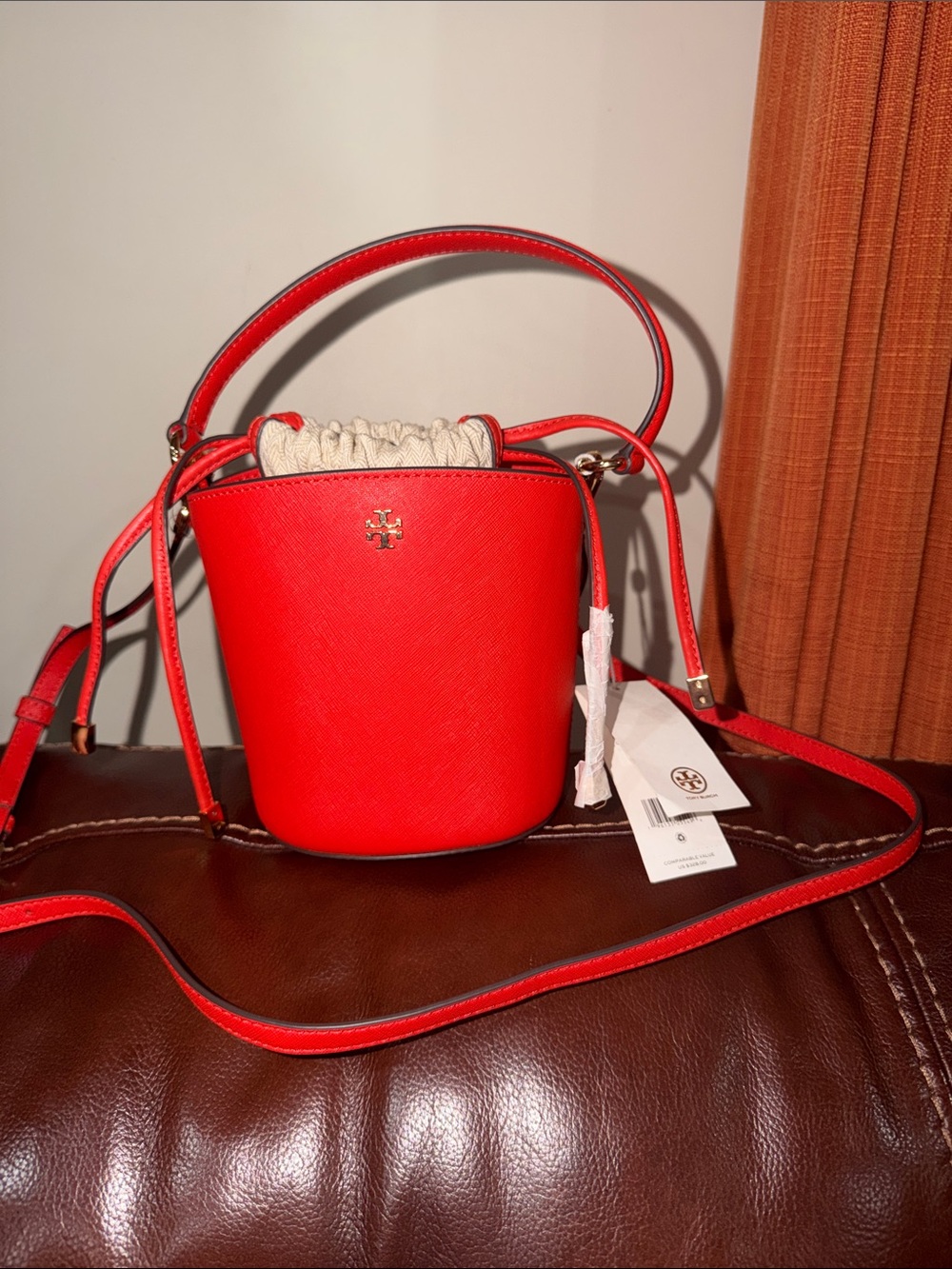 ‼️NEW Tory Burch Red Leather Emerson Mini Bucket Crossbody Bag